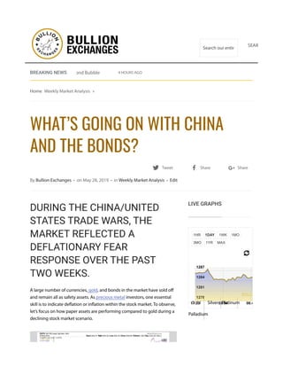 BREAKING NEWS
Home Weekly Market Analysis
Tweet Share Share
By Bullion Exchanges • on May 28, 2019 • in Weekly Market Analysis • Edit
DURING THE CHINA/UNITED
STATES TRADE WARS, THE
MARKET REFLECTED A
DEFLATIONARY FEAR
RESPONSE OVER THE PAST
TWO WEEKS.
A large number of currencies, gold, and bonds in the market have sold off
and remain all as safety assets. As precious metal investors, one essential
skill is to indicate deflation or inflation within the stock market. To observe,
let’s focus on how paper assets are performing compared to gold during a
declining stock market scenario.
1HR 1DAY 1WK 1MO
3MO 1YR MAX
17:23 00:04 06:45
1278
1281
1284
1287
Gold Silver Platinum
Palladium
»
WHAT’S GOING ON WITH CHINA
AND THE BONDS?
China and the Bond Bubble 4 HOURS AGO
LIVE GRAPHS
Search our entire site...
SEARCH
 