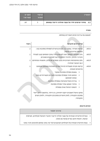 ‫לת‬ ‫טיוטה‬"‫י‬5281‫חלק‬9.2)‫יולי‬2014(
94
‫ה‬‫מאפיין‬‫הניקוד‬
‫המרבי‬
‫האם‬‫יש‬
‫סף‬ ‫תנאי‬?
6.2‫במתחם‬ ‫הייצור‬ ‫תהליכי‬ ‫שפכי‬ ‫של‬ ‫חוזר‬ ‫ושימוש‬ ‫מחזור‬5‫לא‬
‫מטרה‬
‫במתחם‬ ‫השפירים‬ ‫המים‬ ‫צריכת‬ ‫את‬ ‫לצמצם‬.
‫להערכה‬ ‫קריטריונים‬‫ניקוד‬
6.2.1.‫הפרדה‬ ‫קיימת‬‫כגון‬ ‫מסוכנת‬ ‫לפסולת‬ ‫מימיים‬ ‫שפכים‬ ‫בין‬ ‫במקור‬:
‫ובוצה‬ ‫מרוכזות‬ ‫תמיסות‬(.
2
6.2.2.15%‫המתחם‬ ‫בתוך‬ ‫חוזר‬ ‫לשימוש‬ ‫יפונו‬ ‫המתקן‬ ‫מקולחי‬)‫למגדלי‬ ‫כגון‬
‫ולגינון‬ ‫הקירור‬,‫הקיטור‬ ‫ולדוודי‬(‫ו‬/‫סמוכים‬ ‫למתחמים‬ ‫או‬.
1
6.2.3.10%‫המרוכזות‬ ‫מהתמיסות‬)‫אורגנים‬ ‫ממסים‬ ‫כגון‬,‫ובסיסי‬ ‫חומצות‬‫ם‬(
‫ו‬/‫הבוצה‬ ‫או‬‫ימוחזרו‬.
1
6.2.4.‫קיימת‬‫תכנית‬‫תפעולית‬‫לניהול‬‫במתחם‬ ‫מסוכנת‬ ‫פסולת‬‫העוסקת‬
‫בהיבטים‬‫הבאים‬:
•‫צמצום‬‫במקור‬ ‫מסוכנת‬ ‫פסולת‬
•‫שימוש‬‫בפסולת‬ ‫חוזר‬‫מסוכנת‬)‫בתוך‬ ‫תעשייתיים‬ ‫לצרכים‬
‫למתחם‬ ‫ומחוץ‬(
•‫מסוכנת‬ ‫בפסולת‬ ‫מועדפות‬ ‫טיפול‬ ‫צורות‬
•‫מסוכנת‬ ‫פסולת‬ ‫אחרי‬ ‫ומעקב‬ ‫איתור‬
•‫הטמנ‬‫בפסולת‬ ‫נאות‬ ‫וטיפול‬ ‫ה‬
‫ויתוחזק‬ ‫יוקם‬ ‫השפכים‬ ‫טיפול‬ ‫מתקן‬,‫היתר‬ ‫בין‬,‫רישוי‬ ‫לחוק‬ ‫בהתאם‬
‫ותקנותיו‬ ‫עסקים‬,‫ותקנותיו‬ ‫מסוכנים‬ ‫חומרים‬ ‫לחוק‬,‫המים‬ ‫ולחוק‬
‫ותקנותיו‬.
1
‫נדרשות‬ ‫ראיות‬
‫תפקוד‬ ‫מרכיבי‬
•‫כמויות‬‫הטיפול‬ ‫ותוצרי‬ ‫הייצור‬ ‫תהליך‬ ‫שפכי‬ ‫של‬ ‫ושנתיות‬ ‫חודשיות‬)‫קולחים‬,‫תמיסות‬
‫וב‬‫וצה‬.(‫במ‬ ‫תוצג‬ ‫הכמות‬"‫ק‬)‫בטון‬ ‫גם‬ ‫בוצה‬.(
•‫מתחם‬ ‫בתוך‬ ‫יעד‬ ‫לכל‬ ‫המושבים‬ ‫הקולחים‬ ‫של‬ ‫ושנתית‬ ‫חודשית‬ ‫כמות‬)‫בתוך‬ ‫חוזר‬ ‫לשימוש‬
 