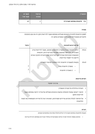 ‫לת‬ ‫טיוטה‬"‫י‬5281‫חלק‬9.2)‫יולי‬2014(
114
‫ה‬‫מאפיין‬‫הניקוד‬
‫המרבי‬
‫האם‬‫יש‬
‫סף‬ ‫תנאי‬?
9.1‫חדשנות‬‫האנרגייה‬ ‫בתחום‬2‫לא‬
‫מטרה‬
‫לספק‬‫הזד‬‫מנות‬‫להוכיח‬‫מעולים‬ ‫ביצועים‬‫במתחם‬‫לדרישות‬ ‫מעבר‬‫תקן‬‫זה‬‫או‬/‫וגם‬‫ביצועים‬
‫חדשניים‬‫בקטגוריות‬‫שלא‬‫נידונו‬‫במפורש‬‫בתקן‬‫זה‬.
‫להערכה‬ ‫קריטריונים‬‫ניקוד‬
9.1.1.‫ויתועדו‬ ‫יזוהו‬‫המוצע‬ ‫החדשנות‬ ‫מאפיין‬ ‫מטרת‬,‫פרק‬ ‫לדרישות‬ ‫מעבר‬
‫האנרגייה‬,‫בקריטריונים‬ ‫לעמידה‬ ‫המוצעת‬ ‫הדרישה‬,‫ההגשות‬
‫המוכיח‬ ‫המוצעות‬‫ות‬‫שניתן‬ ‫התכנון‬ ‫ואסטרטגיות‬ ‫בקריטריונים‬ ‫עמידה‬
‫ליישם‬‫כדי‬‫בדרישות‬ ‫לעמוד‬.
9.1.2.‫חדשנות‬ ‫למאפייני‬ ‫בקשות‬‫י‬‫כפופ‬ ‫היו‬‫ות‬‫לאישור‬‫המעריך‬.
−‫אחד‬ ‫חדשנות‬ ‫מאפיין‬
−2‫חדשנות‬ ‫מאפייני‬
1
2
‫נדרשות‬ ‫ראיות‬
‫תפקוד‬ ‫מרכיבי‬
•‫המאפיין‬ ‫מטרת‬ ‫על‬ ‫מילולית‬ ‫הצהרה‬
•‫תיאור‬‫יישומו‬‫מעבר‬ ‫במתחם‬ ‫ירוקה‬ ‫בנייה‬ ‫של‬ ‫מעולים‬ ‫ביצועים‬ ‫בהשגת‬ ‫ותועלתו‬ ‫בפועל‬
‫ה‬ ‫לדרישות‬‫תקן‬
•‫ומפורטים‬ ‫מדידים‬ ‫נתונים‬ ‫לכלול‬ ‫התיאור‬ ‫על‬,‫ו‬ ‫תמונות‬/‫טענת‬ ‫את‬ ‫המבססות‬ ‫עדויות‬ ‫כל‬ ‫או‬
‫החדשנות‬
‫הערות‬
‫הבאים‬ ‫בתחומים‬ ‫פתרונות‬ ‫לכלול‬ ‫יכולים‬ ‫האנרגייה‬ ‫בתחום‬ ‫לחדשנות‬ ‫הצעות‬:
−‫לצו‬ ‫תרמית‬ ‫במסה‬ ‫שימוש‬‫רך‬‫במתחם‬ ‫הבניינים‬ ‫בחללי‬ ‫טמפרטורות‬ ‫מיתון‬‫צריכת‬ ‫והורדת‬
 