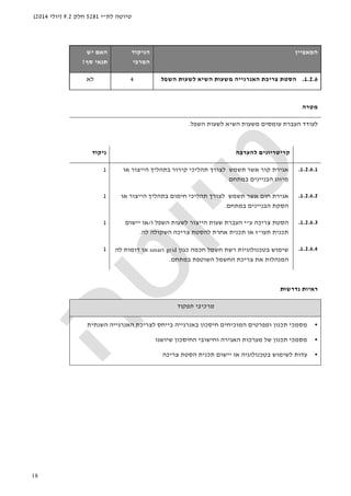 ‫לת‬ ‫טיוטה‬"‫י‬5281‫חלק‬9.2)‫יולי‬2014(
18
‫ה‬‫מאפיין‬‫הניקוד‬
‫המרבי‬
‫האם‬‫יש‬
‫סף‬ ‫תנאי‬?
1.2.6.‫השפל‬ ‫לשעות‬ ‫השיא‬ ‫משעות‬ ‫האנרגייה‬ ‫צריכת‬ ‫הסטת‬4‫לא‬
‫מטרה‬
‫השפל‬ ‫לשעות‬ ‫השיא‬ ‫משעות‬ ‫עומסים‬ ‫העברת‬ ‫לעודד‬.
‫להערכה‬ ‫קריטריונים‬‫ניקוד‬
1.2.6.1.‫קור‬ ‫אגירת‬‫או‬ ‫הייצור‬ ‫בתהליך‬ ‫קירור‬ ‫תהליכי‬ ‫לצורך‬ ‫תשמש‬ ‫אשר‬
‫ה‬ ‫מיזוג‬‫בנייני‬‫במתחם‬ ‫ם‬.
1
1.2.6.2.‫אגירת‬‫חום‬‫הייצור‬ ‫בתהליך‬ ‫חימום‬ ‫תהליכי‬ ‫לצורך‬ ‫תשמש‬ ‫אשר‬‫או‬
‫במתחם‬ ‫הבניינים‬ ‫הסקת‬.
1
1.2.6.3.‫ע‬ ‫צריכה‬ ‫הסטת‬"‫ו‬ ‫השפל‬ ‫לשעות‬ ‫הייצור‬ ‫שעות‬ ‫העברת‬ ‫י‬/‫יישום‬ ‫או‬
‫תעו‬ ‫תכנית‬"‫לה‬ ‫השקולה‬ ‫צריכה‬ ‫להסטת‬ ‫אחרת‬ ‫תכנית‬ ‫או‬ ‫ז‬.
1
1.2.6.4.‫חכ‬ ‫חשמל‬ ‫רשת‬ ‫בטכנולוגיות‬ ‫שימוש‬‫כגון‬ ‫מה‬smart grid‫או‬‫לה‬ ‫דומות‬
‫את‬ ‫המנהלות‬‫החשמל‬ ‫צריכת‬‫השוטפת‬‫במתחם‬.
1
‫נדרשות‬ ‫ראיות‬
‫תפקוד‬ ‫מרכיבי‬
•‫האנרגי‬ ‫לצריכת‬ ‫בייחס‬ ‫באנרגייה‬ ‫חיסכון‬ ‫המוכיחים‬ ‫ומפרטים‬ ‫תכנון‬ ‫מסמכי‬‫השנתית‬ ‫יה‬
•‫מסמכי‬‫תכנון‬‫של‬‫מערכות‬‫האגירה‬‫וחישובי‬‫החיסכון‬‫שיושגו‬
•‫יישו‬ ‫או‬ ‫בטכנולוגיה‬ ‫לשימוש‬ ‫עדות‬‫צריכה‬ ‫הסטת‬ ‫תכנית‬ ‫ם‬
 