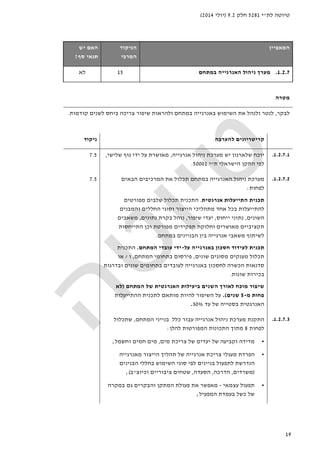 ‫לת‬ ‫טיוטה‬"‫י‬5281‫חלק‬9.2)‫יולי‬2014(
19
‫ה‬‫מאפיין‬‫הניקוד‬
‫המרבי‬
‫האם‬‫יש‬
‫סף‬ ‫תנאי‬?
1.2.7.‫ניהול‬ ‫מערך‬‫האנרגייה‬‫במתחם‬15‫לא‬
‫מטרה‬
‫לבקר‬,‫באנרגייה‬ ‫השימוש‬ ‫את‬ ‫ולנהל‬ ‫לנטר‬‫קודמות‬ ‫לשנים‬ ‫ביחס‬ ‫צריכה‬ ‫שיפור‬ ‫ולהראות‬ ‫במתחם‬.
‫להערכה‬ ‫קריטריונים‬‫ניקוד‬
1.2.7.1.‫שלארגון‬ ‫יוכח‬‫מערכת‬ ‫יש‬‫א‬ ‫ניהול‬‫נרגייה‬,‫שלישי‬ ‫גוף‬ ‫ידי‬ ‫על‬ ‫מאושרת‬,
‫הישראלי‬ ‫התקן‬ ‫לפי‬‫ת‬"‫י‬50001.
7.5
1.2.7.2.‫מערכת‬‫ניהול‬‫ה‬‫אנרג‬‫י‬‫יה‬‫במתחם‬‫הבאים‬ ‫המרכיבים‬ ‫את‬ ‫תכלול‬
‫לפחות‬:
‫תכנית‬‫התייעלות‬‫אנרגטית‬.‫התכנית‬‫תכלול‬‫מפורטים‬ ‫שלבים‬
‫והמבנים‬ ‫החללים‬ ‫וסוגי‬ ‫הייצור‬ ‫מתהליכי‬ ‫אחד‬ ‫בכל‬ ‫להתייעלות‬
‫השונים‬,‫ייחו‬ ‫נתוני‬‫ס‬,‫שיפור‬ ‫יעדי‬,‫נתונים‬ ‫בקרת‬ ‫נוהל‬,‫משאבים‬
‫מפורטת‬ ‫תפקידים‬ ‫וחלוקת‬ ‫מאושרים‬ ‫תקציביים‬‫וכן‬‫התייחסות‬
‫אנרגי‬ ‫משאבי‬ ‫לשיתוף‬‫י‬‫בין‬ ‫ה‬‫הבניינים‬‫ב‬‫מתחם‬.
‫תכנית‬‫לעידוד‬‫חסכון‬‫באנרגי‬‫י‬‫ה‬‫על‬-‫ידי‬‫עובדי‬‫המתחם‬.‫התכנית‬
‫תכלול‬‫שונים‬ ‫מסוגים‬ ‫מענקים‬,‫המתחם‬ ‫בתחומי‬ ‫פירסום‬,‫ו‬/‫או‬
‫הכשרה‬ ‫סדנאות‬‫ב‬ ‫לחסכון‬‫אנרגייה‬‫ובדרגות‬ ‫שונים‬ ‫בתחומים‬ ‫לעובדים‬
‫שונות‬ ‫בכירות‬.
‫שיפור‬‫מוכח‬‫לאורך‬‫השנים‬‫ביעילות‬‫האנרגטית‬‫של‬‫המתחם‬)‫לא‬
‫מ‬ ‫פחות‬-5‫שנים‬.(‫ההתייעלות‬ ‫לתכנית‬ ‫מותאם‬ ‫להיות‬ ‫השיפור‬ ‫על‬
‫עד‬ ‫של‬ ‫בסטייה‬ ‫האנרגטית‬30%.
7.5
1.2.7.3.‫התקנת‬‫אנרגייה‬ ‫ניהול‬ ‫מערכת‬‫המתח‬ ‫בנייני‬ ‫כלל‬ ‫עבור‬‫ם‬,‫שתכלול‬
‫לפחות‬8‫להלן‬ ‫המפורטות‬ ‫התכונות‬ ‫מתוך‬:
•‫וקביע‬ ‫מדידה‬‫של‬ ‫ה‬‫מים‬ ‫צריכת‬ ‫של‬ ‫יעדים‬,‫חמים‬ ‫מים‬‫וחשמל‬;
•‫צריכת‬ ‫מעגלי‬ ‫הפרדת‬‫אנרגייה‬‫מ‬ ‫הייצור‬ ‫תהליך‬ ‫של‬‫אנרגייה‬
‫הבנינים‬ ‫בחללי‬ ‫השימוש‬ ‫סוגי‬ ‫לפי‬ ‫בניינים‬ ‫לתפעול‬ ‫הנדרשת‬
)‫משרדים‬,‫הדרכה‬,‫הסעדה‬,‫וכיוצ‬ ‫ציבוריים‬ ‫שטחים‬"‫ב‬(;
•‫ע‬ ‫תפעול‬‫צמאי‬-‫מאפשר‬‫את‬‫במקרה‬ ‫גם‬ ‫והבקרים‬ ‫המתקן‬ ‫פעולת‬
‫המפעיל‬ ‫בעמדת‬ ‫כשל‬ ‫של‬;
 