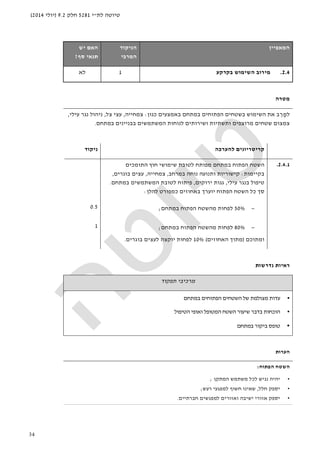 ‫לת‬ ‫טיוטה‬"‫י‬5281‫חלק‬9.2)‫יולי‬2014(
34
‫ה‬‫מאפיין‬‫הניקוד‬
‫המרבי‬
‫האם‬‫יש‬
‫סף‬ ‫תנאי‬?
2.4.‫בקרקע‬ ‫השימוש‬ ‫מירוב‬1‫לא‬
‫מטרה‬
‫כגון‬ ‫באמצעים‬ ‫במתחם‬ ‫הפתוחים‬ ‫בשטחים‬ ‫השימוש‬ ‫את‬ ‫ב‬ ֵ‫ר‬ ָ‫למ‬:‫צמחייה‬,‫צל‬ ‫עצי‬,‫עילי‬ ‫נגר‬ ‫ניהול‬,
‫במתחם‬ ‫בבניינים‬ ‫המשתמשים‬ ‫לנוחות‬ ‫ושירותים‬ ‫ותשתיות‬ ‫מרוצפים‬ ‫שטחים‬ ‫צמצום‬.
‫להערכה‬ ‫קריטריונים‬‫ניקו‬‫ד‬
2.4.1.‫התומכים‬ ‫חוץ‬ ‫שימושי‬ ‫לטובת‬ ‫מפותח‬ ‫במתחם‬ ‫הפתוח‬ ‫השטח‬
‫בקיימות‬:‫במרחב‬ ‫נוחה‬ ‫ותנועה‬ ‫קישוריות‬,‫צמחייה‬,‫בוגרים‬ ‫עצים‬,
‫עילי‬ ‫בנגר‬ ‫טיפול‬,‫ירוקים‬ ‫גגות‬,‫במתחם‬ ‫המשתמשים‬ ‫לטובת‬ ‫פיתוח‬.
‫באחוזים‬ ‫יוערך‬ ‫הפתוח‬ ‫השטח‬ ‫כל‬ ‫סך‬‫כ‬‫להלן‬ ‫מפורט‬:
−50%‫במתחם‬ ‫הפתוח‬ ‫מהשטח‬ ‫לפחות‬;0.5
−80%‫במתחם‬ ‫הפתוח‬ ‫מהשטח‬ ‫לפחות‬;
‫ומתוכם‬)‫האחוזים‬ ‫מתוך‬(10%‫בוגרים‬ ‫לעצים‬ ‫יוקצה‬ ‫לפחות‬.
1
‫נדרשות‬ ‫ראיות‬
‫תפקוד‬ ‫מרכיבי‬
•‫במתחם‬ ‫הפתוחים‬ ‫השטחים‬ ‫של‬ ‫מצולמת‬ ‫עדות‬
•‫הטיפול‬ ‫ואופי‬ ‫המטופל‬ ‫השטח‬ ‫שיעור‬ ‫בדבר‬ ‫הוכחות‬
•‫במתחם‬ ‫ביקור‬ ‫טופס‬
‫הערות‬
‫הפתוח‬ ‫השטח‬:
•‫יהיה‬‫משתמש‬ ‫לכל‬ ‫נגיש‬‫המתקן‬;
•‫י‬‫חלל‬ ‫ספק‬,‫רעש‬ ‫למפגעי‬ ‫חשוף‬ ‫שאינו‬;
•‫י‬‫חברתיים‬ ‫למפגשים‬ ‫ואזורים‬ ‫ישיבה‬ ‫אזורי‬ ‫ספק‬.
 