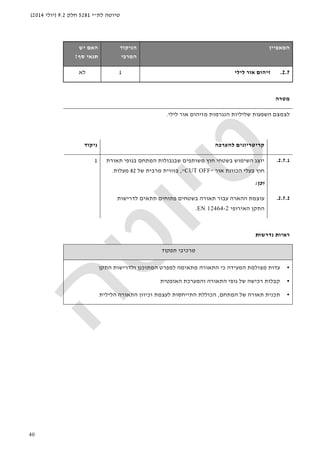 ‫לת‬ ‫טיוטה‬"‫י‬5281‫חלק‬9.2)‫יולי‬2014(
40
‫ה‬‫מאפיין‬‫הניקוד‬
‫המרבי‬
‫האם‬‫יש‬
‫סף‬ ‫תנאי‬?
2.7.‫לילי‬ ‫אור‬ ‫זיהום‬1‫לא‬
‫מטרה‬
‫לצמצם‬‫שליליות‬ ‫השפעות‬‫הנגרמות‬‫לילי‬ ‫אור‬ ‫מזיהום‬.
‫להערכה‬ ‫קריטריונים‬‫ניקוד‬
2.7.1.‫תאורת‬ ‫בגופי‬ ‫המתחם‬ ‫שבגבולות‬ ‫משותפים‬ ‫חוץ‬ ‫בשטחי‬ ‫השימוש‬ ‫יוצג‬
‫בעל‬ ‫חוץ‬‫אור‬ ‫הכוונת‬ ‫י‬"OFFCUT",‫של‬ ‫מרבית‬ ‫בזווית‬82‫מעלות‬.
‫וכן‬:
1
2.7.2.‫לדרישות‬ ‫תתאים‬ ‫פתוחים‬ ‫בשטחים‬ ‫תאורה‬ ‫עבור‬ ‫ההארה‬ ‫עוצמת‬
‫האירופי‬ ‫התקן‬EN 12464-2.
‫נדרשות‬ ‫ראיות‬
‫תפקוד‬ ‫מרכיבי‬
•‫התקן‬ ‫ולדרישות‬ ‫המתוכנן‬ ‫למפרט‬ ‫מתאימה‬ ‫התאורה‬ ‫כי‬ ‫המעידה‬ ‫מצולמת‬ ‫עדות‬
•‫גופי‬ ‫של‬ ‫רכישה‬ ‫קבלות‬‫האופטית‬ ‫והמערכת‬ ‫התאורה‬
•‫המתחם‬ ‫של‬ ‫תאורה‬ ‫תכנית‬,‫הלילית‬ ‫התאורה‬ ‫וכיוון‬ ‫לעצמת‬ ‫התייחסות‬ ‫הכוללת‬
 