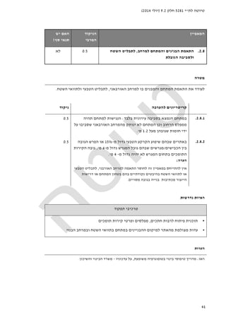 ‫לת‬ ‫טיוטה‬"‫י‬5281‫חלק‬9.2)‫יולי‬2014(
41
‫ה‬‫מאפיין‬‫הניקוד‬
‫המרבי‬
‫האם‬‫יש‬
‫סף‬ ‫תנאי‬?
2.8.‫ה‬ ‫התאמת‬‫והמתחם‬ ‫בנינים‬‫למרחב‬,‫השטח‬ ‫לתבליט‬
‫הגובלת‬ ‫ולסביבה‬
0.5‫לא‬
‫מטרה‬
‫האורבאני‬ ‫למרחב‬ ‫בו‬ ‫והמבנים‬ ‫המתחם‬ ‫התאמת‬ ‫את‬ ‫לעודד‬,‫ל‬‫השטח‬ ‫ולתוואי‬ ‫הטבעי‬ ‫תבליט‬.
‫להערכה‬ ‫קריטריונים‬‫ניקוד‬
2.8.1.‫בלבד‬ ‫עירונית‬ ‫בסביבה‬ ‫הנמצא‬ ‫במתחם‬:‫תהיה‬ ‫למתחם‬ ‫הנגישות‬
‫על‬ ‫שסביבו‬ ‫האורבאני‬ ‫מהמרחב‬ ‫ינותק‬ ‫לא‬ ‫המתחם‬ ‫וכן‬ ‫הרחוב‬ ‫ממפלס‬
‫מעל‬ ‫שגובהן‬ ‫חומות‬ ‫ידי‬1.2‫מ‬'.
0.5
2.8.2.‫מ‬ ‫גדול‬ ‫הטבעי‬ ‫הקרקע‬ ‫שיפוע‬ ‫שבהם‬ ‫באתרים‬-15%‫ה‬ ‫או‬‫הגובה‬ ‫פרש‬
‫הכבישים‬ ‫בין‬/‫מ‬ ‫גדול‬ ‫המגרש‬ ‫גובל‬ ‫שבהם‬ ‫מגרשים‬-6‫מ‬,'‫הקירות‬ ‫גובה‬
‫מ‬ ‫גדול‬ ‫יהיה‬ ‫לא‬ ‫המגרש‬ ‫בתחום‬ ‫התומכים‬-4‫מ‬'.
‫הערה‬:
‫האורבני‬ ‫למרחב‬ ‫התאמה‬ ‫לחוסר‬ ‫זה‬ ‫במאפיין‬ ‫להתייחס‬ ‫אין‬,‫הטבעי‬ ‫לתבליט‬
‫דרישות‬ ‫או‬ ‫המתחם‬ ‫בטחון‬ ‫בהם‬ ‫נקודתיים‬ ‫בהיבטים‬ ‫השטח‬ ‫לתוואי‬ ‫או‬
‫מכתיבות‬ ‫הייצור‬‫מסויים‬ ‫בגובה‬ ‫בנייה‬.
0.5
‫נדרשות‬ ‫ראיות‬
‫תפקוד‬ ‫מרכיבי‬
•‫חתכים‬ ‫לרבות‬ ‫פיתוח‬ ‫תוכנית‬,‫תומכים‬ ‫קירות‬ ‫ופרטי‬ ‫מפלסים‬
•‫ה‬ ‫למיקום‬ ‫מהאתר‬ ‫מצולמת‬ ‫עדות‬‫במתחם‬ ‫הבניינים‬‫הבנוי‬ ‫ובמרחב‬ ‫השטח‬ ‫בתוואי‬
‫הערות‬
‫ראו‬:‫משופעת‬ ‫בטופוגרפיה‬ ‫בינוי‬ ‫טיפוסי‬ ‫מדריך‬,‫עדכוניו‬ ‫על‬-‫והשיכו‬ ‫הבינוי‬ ‫משרד‬‫ן‬.
 