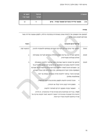 ‫לת‬ ‫טיוטה‬"‫י‬5281‫חלק‬9.2)‫יולי‬2014(
51
‫ה‬‫מאפיין‬‫הניקוד‬
‫המרבי‬
‫האם‬‫יש‬
‫סף‬ ‫תנאי‬?
3.6.‫ו‬ ‫משניים‬ ‫מדידה‬ ‫אמצעי‬‫אמצעי‬‫בקרה‬–‫מים‬4‫כן‬
‫מטרה‬
‫דליפות‬ ‫של‬ ‫השפעתן‬ ‫את‬ ‫לצמצם‬‫מאותרות‬ ‫שאינן‬‫רגילות‬ ‫בנסיבות‬,‫ו‬‫ל‬‫אשר‬ ‫מדידה‬ ‫אמצעי‬ ‫ספק‬
‫מים‬ ‫בזבוז‬ ‫למנוע‬ ‫מטרתם‬.
‫קר‬‫להערכה‬ ‫יטריונים‬‫ניקוד‬
3.6.1.‫ולגינון‬ ‫ולהשקיה‬ ‫במתחם‬ ‫המבנים‬ ‫לצריכת‬ ‫נפרדים‬ ‫מים‬ ‫מדי‬ ‫יותקנו‬.0)‫סף‬ ‫תנאי‬(
3.6.2.‫שמטרתה‬ ‫לצריכה‬ ‫במתחם‬ ‫הכללית‬ ‫המים‬ ‫צריכת‬ ‫בין‬ ‫הפרדה‬ ‫תותקן‬
‫תהליך‬/‫תעשייתית‬ ‫פעילות‬.
1
3.6.3.‫תותקן‬‫ניטור‬ ‫מערכת‬ ‫הראשי‬ ‫המונה‬ ‫על‬/‫המסוגלת‬ ‫דליפות‬ ‫איתור‬
‫לגלות‬‫דליפות‬‫ה‬ ‫במערכת‬‫א‬‫שימוש‬ ‫או‬ ‫ספקה‬-‫על‬ ‫ולהתריע‬ ‫במים‬ ‫יתר‬
‫כך‬.‫המערכת‬‫ב‬ ‫דליפות‬ ‫לאתר‬ ‫תוכל‬‫מערכת‬ ‫של‬ ‫הראשיים‬ ‫הצינורות‬ ‫כל‬
‫ה‬‫א‬‫ה‬ ‫בתוך‬ ‫ספקה‬‫במתחם‬ ‫בניינים‬,‫הבניי‬ ‫ובין‬‫נים‬‫המגרש‬ ‫גבול‬ ‫לבין‬.
‫ניטור‬ ‫מערכת‬/‫דליפות‬ ‫איתור‬‫יותר‬ ‫או‬ ‫באחת‬ ‫כמפורט‬ ‫תהיה‬
‫שלהלן‬ ‫מהחלופות‬:
•‫תוכל‬‫לזהות‬‫ולספ‬ ‫דליפות‬‫הדליפות‬ ‫היקף‬ ‫על‬ ‫נתונים‬ ‫ק‬;
•‫תספק‬‫חיווי‬)‫חזותי‬ ‫או‬ ‫קולי‬ ‫חיווי‬ ‫כגון‬(;
•‫דליפות‬ ‫לאיתור‬ ‫ידניים‬ ‫ומעקב‬ ‫בקרה‬ ‫תאפשר‬.
‫הערה‬:‫בבנייני‬‫ש‬ ‫ם‬‫מותקנת‬‫בהם‬‫אוטומטית‬ ‫סגירה‬ ‫מערכת‬,‫לוודא‬ ‫יש‬
‫י‬ ‫שהצינורות‬ ‫שמבטיח‬ ‫נוהל‬ ‫הנהגת‬‫י‬‫שטפו‬‫ויחוטאו‬‫אר‬ ‫תקופה‬ ‫לאחר‬‫ו‬‫של‬ ‫כה‬
‫הבריאות‬ ‫משרד‬ ‫לתקנות‬ ‫בהתאם‬ ‫סגירה‬.
3
 
