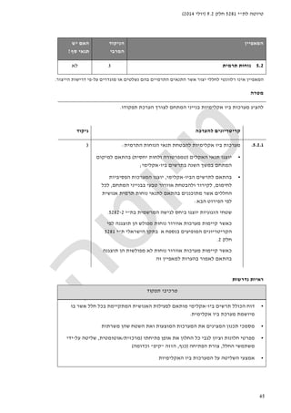 ‫לת‬ ‫טיוטה‬"‫י‬5281‫חלק‬9.2)‫יולי‬2014(
65
‫ה‬‫מאפיין‬‫הניקוד‬
‫המרבי‬
‫האם‬‫יש‬
‫סף‬ ‫תנאי‬?
5.2‫תרמית‬ ‫נוחות‬3‫לא‬
‫ה‬‫מאפיין‬‫על‬ ‫מוגדרים‬ ‫או‬ ‫נשלטים‬ ‫בהם‬ ‫התרמיים‬ ‫התנאים‬ ‫אשר‬ ‫יצור‬ ‫לחללי‬ ‫רלוונטי‬ ‫אינו‬-‫פ‬‫הייצור‬ ‫דרישות‬ ‫י‬.
‫מטרה‬
‫ב‬ ‫אקלימיות‬ ‫ביו‬ ‫מערכות‬ ‫להציג‬‫המתחם‬ ‫נייני‬‫תפקודו‬ ‫הערכת‬ ‫לצורך‬.
‫להערכה‬ ‫קריטריונים‬‫ניקוד‬
5.2.1.‫התרמית‬ ‫הנוחות‬ ‫תנאי‬ ‫להבטחת‬ ‫אקלימיות‬ ‫ביו‬ ‫מערכות‬:
•‫יוצגו‬‫האקלי‬ ‫תנאי‬‫ם‬)‫יחסית‬ ‫ולחות‬ ‫טמפרטורה‬(‫למיקום‬ ‫בהתאם‬
‫ה‬‫מתחם‬‫ביו‬ ‫בתרשים‬ ‫השנה‬ ‫במשך‬-‫אקלימי‬;
•‫ב‬‫הביו‬ ‫לתרשים‬ ‫התאם‬-‫אקלימי‬,‫הפסיביות‬ ‫המערכות‬ ‫יוצגו‬
‫לחימ‬‫ום‬,‫המתחם‬ ‫בבנייני‬ ‫טבעי‬ ‫אוורור‬ ‫ולהבטחת‬ ‫לקירור‬,‫לכל‬
‫אנושית‬ ‫תרמית‬ ‫נוחות‬ ‫לתנאי‬ ‫בהתאם‬ ‫מתוכננים‬ ‫אשר‬ ‫החללים‬
‫הבא‬ ‫הפירוט‬ ‫לפי‬:
‫בת‬ ‫המרשמית‬ ‫לגישה‬ ‫ביחס‬ ‫יוצגו‬ ‫הזגוגיות‬ ‫שטחי‬"‫י‬5282-2.
‫מפ‬ ‫נוחות‬ ‫אוורור‬ ‫מערכות‬ ‫קיימות‬ ‫כאשר‬‫תוצגנה‬ ‫הן‬ ‫ולש‬‫לפי‬
‫ב‬ ‫המופיעים‬ ‫הקריטריונים‬‫א‬ ‫נספח‬‫ב‬‫הישראלי‬ ‫תקן‬‫ת‬"‫י‬5281
‫חלק‬2.
‫תוצגנה‬ ‫הן‬ ‫מפולשות‬ ‫לא‬ ‫נוחות‬ ‫אוורור‬ ‫מערכות‬ ‫קיימות‬ ‫כאשר‬
‫זה‬ ‫למאפיין‬ ‫בהערות‬ ‫לאמור‬ ‫בהתאם‬
3
‫נדרשות‬ ‫ראיות‬
‫תפקוד‬ ‫מרכיבי‬
•‫הכולל‬ ‫דוח‬‫ביו‬ ‫תרשים‬-‫חלל‬ ‫בכל‬ ‫המתקיימת‬ ‫האנושית‬ ‫לפעילות‬ ‫מותאם‬ ‫אקלימי‬‫בו‬ ‫אשר‬
‫אקלימית‬ ‫ביו‬ ‫מערכת‬ ‫מיושמת‬.
•‫משרתות‬ ‫שהן‬ ‫השטח‬ ‫ואת‬ ‫המוצעות‬ ‫המערכות‬ ‫את‬ ‫המציגים‬ ‫תכנון‬ ‫מסמכי‬
•‫פתיחתו‬ ‫אופן‬ ‫את‬ ‫החלון‬ ‫כל‬ ‫לגבי‬ ‫וציון‬ ‫חלונות‬ ‫מפרטי‬)‫מרכזית‬/‫אוטומטית‬,‫על‬ ‫שליטה‬-‫ידי‬
‫החלל‬ ‫משתמשי‬,‫הפתיחה‬ ‫צורת‬)‫כנף‬,‫הזזה‬"‫קיפ‬"‫וכדומה‬(
•‫האקלי‬ ‫ביו‬ ‫המערכות‬ ‫על‬ ‫השליטה‬ ‫אמצעי‬‫מיות‬
 