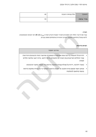 ‫לת‬ ‫טיוטה‬"‫י‬5281‫חלק‬9.2)‫יולי‬2014(
83
‫הערה‬:
‫ה‬ ‫רמת‬ ‫תיבדק‬ ‫תפעול‬ ‫לאזורי‬ ‫הסמוכים‬ ‫חוץ‬ ‫וחללי‬ ‫הייצור‬ ‫פס‬ ‫עבור‬-dB (A) LAeq‫חשיפ‬ ‫לפי‬‫המשתמשים‬ ‫ת‬
‫עבורם‬ ‫מספק‬ ‫שהמתחם‬ ‫האישיים‬ ‫המיגון‬ ‫באמצעי‬ ‫בהתחשב‬ ‫בפועל‬ ‫לרעש‬.
‫נדרשות‬ ‫ראיות‬
‫תפקוד‬ ‫מרכיבי‬
•‫הנדרשות‬ ‫הביצועים‬ ‫רמות‬ ‫שהושגו‬ ‫המאשרות‬ ‫אקוסטית‬ ‫שטח‬ ‫בדיקת‬ ‫תוצאות‬ ‫הכולל‬ ‫דוח‬
‫לרעש‬ ‫ביותר‬ ‫החשופים‬ ‫האזורים‬ ‫את‬ ‫המייצגים‬ ‫החללים‬ ‫עבור‬.‫חללים‬ ‫שלושה‬ ‫יוצגו‬ ‫בדוח‬
‫לפחות‬
•‫כאשר‬‫רלוונטי‬,‫דיווח‬‫פעולה‬ ‫על‬/‫הביצועים‬ ‫בתקני‬ ‫לעמוד‬ ‫כדי‬ ‫נדרשת‬ ‫מתקנת‬ ‫עבודה‬
•‫כי‬ ‫המאשר‬ ‫הראשי‬ ‫הקבלן‬ ‫או‬ ‫התכנון‬ ‫צוות‬ ‫מטעם‬ ‫רשמי‬ ‫מכתב‬‫נדרשת‬ ‫מתקנת‬ ‫עבודה‬ ‫כל‬
‫להמלצות‬ ‫בהתאם‬ ‫בוצעה‬
)‫המשך‬(‫וישיבה‬ ‫מנוחה‬ ‫חלל‬45
‫אחסון‬ ‫אזורי‬53
 