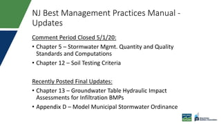 NJ Best Management Practices Manual -
Updates
Comment Period Closed 5/1/20:
• Chapter 5 – Stormwater Mgmt. Quantity and Quality
Standards and Computations
• Chapter 12 – Soil Testing Criteria
Recently Posted Final Updates:
• Chapter 13 – Groundwater Table Hydraulic Impact
Assessments for Infiltration BMPs
• Appendix D – Model Municipal Stormwater Ordinance
 