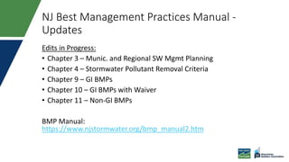 NJ Best Management Practices Manual -
Updates
Edits in Progress:
• Chapter 3 – Munic. and Regional SW Mgmt Planning
• Chapter 4 – Stormwater Pollutant Removal Criteria
• Chapter 9 – GI BMPs
• Chapter 10 – GI BMPs with Waiver
• Chapter 11 – Non-GI BMPs
BMP Manual:
https://www.njstormwater.org/bmp_manual2.htm
 