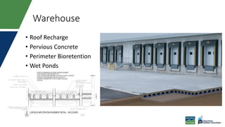 Warehouse
• Roof Recharge
• Pervious Concrete
• Perimeter Bioretention
• Wet Ponds
 