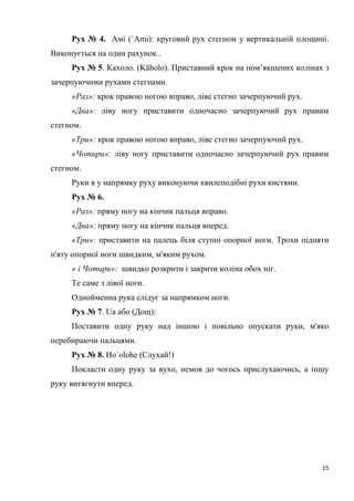 15
Рух № 4. Амі (`Ami): круговий рух стегном у вертикальній площині.
Виконується на один рахунок..
Рух № 5. Кахоло. (Kāholo). Приставний крок на пом’якшених колінах з
зачерпуючими рухами стегнами.
«Раз»: крок правою ногою вправо, ліве стегно зачерпуючий рух.
«Два»: ліву ногу приставити одночасно зачерпуючий рух правим
стегном.
«Три»: крок правою ногою вправо, ліве стегно зачерпуючий рух.
«Чотири»: ліву ногу приставити одночасно зачерпуючий рух правим
стегном.
Руки в у напрямку руху виконуючи хвилеподібні рухи кистями.
Рух № 6.
«Раз»: пряму ногу на кінчик пальця вправо.
«Два»: пряму ногу на кінчик пальця вперед.
«Три»: приставити на палець біля ступні опорної ноги. Трохи підняти
п'яту опорної ноги швидким, м'яким рухом.
« і Чотири»: швидко розкрити і закрити коліна обох ніг.
Те саме з лівої ноги.
Однойменна рука слідує за напрямком ноги.
Рух № 7. Ua або (Дощ):
Поставити одну руку над іншою і повільно опускати руки, м'яко
перебираючи пальцями.
Рух № 8. Ho`olohe (Слухай!)
Покласти одну руку за вухо, немов до чогось прислухаючись, а іншу
руку витягнути вперед.
 