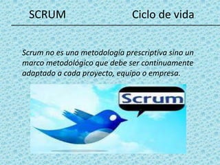 SCRUM                        Ciclo de vida


Scrum no es una metodología prescriptiva sino un
marco metodológico que debe ser continuamente
adaptado a cada proyecto, equipo o empresa.
 