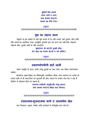 छदिमाॉ कसे भनामें
                                             ु      ै      ,
                                           सभम व्मथा न जाम।
                                          'फार सॊस्काय कनर भें,
                                                        े '
                                          फारक मह भतत ऩाम।।

                                              अनुक्रभ
                 ॐॐॐॐॐॐॐॐॐॐॐॐॐॐॐॐॐॐॐॐॐॐॐॐॐॐॐॐॐॐॐ


                                   वऺ का भहत्त्व जाना
                                    ृ
           "प्रदषण क इस भाहौर भें जहाॉ वऺ काटने भें दे य नहीॊ रगती, वहाॉ तरसी, नीभ आदद
                ू   े                   ृ                                 ु
ऩौधे रगाने का सदववचाय ऩामा। साभूदहक ऩुरूषाथा द्वाया हभ फच्चे अफ गरी-गरी, भोहल्रे-
भोहल्रे नीभ, तरसी आदद क ऩौधे रगामेंगे।"
              ु        े
                                    वऺ ायोऩण जो कये, योऩे तुरसी नीभ।
                                     ृ
                               सॊत कहत वह स्वस्थ यहे उसे न रगे हकीभ।।
                                                   ,

                                              अनुक्रभ
                     ॐॐॐॐॐॐॐॐॐॐॐॐॐॐॐॐॐॐॐॐॐॐॐॐॐॐॐ


                               स्वास््मोऩमीगी फातें जानीॊ
           "हभने आमुवेद क सयर, सचोट घये रु नुस्खों का ऻान ऩामा। अफ जीवन स्वास््मभम
                         े
जीमेंगे।
           मथामोग्म आहाय-ववहाय एवॊ वववेकऩूवक व्मवजस्थत जीवन उत्तभ स्वास््म का आधाय है।
                                           ा
स्वस्थ शयीय से ही भाता-वऩता एवॊ गुरूजनों की सेवा, सभाज क उमथान तथा दे श व याष्ट्र क
                                                        े                          े
तनभााण भें मोगदान ददमा जा सकता है।
                                स्वास््म सॊजीवनी आमुवेद औय घये रु इराज।
                                                      ,
                                'फार सॊस्काय कनद भें, सीखत फार गोऩार।
                                              े '                   ।

                                              अनुक्रभ
                    ॐॐॐॐॐॐॐॐॐॐॐॐॐॐॐॐॐॐॐॐॐॐॐॐॐॐॐॐ


                 यचनामभक-सजनामभक कामा व ऻानवधाक खेर
                          ृ
           "हभ र्चत्रकरा, विृमव, तनफॊध आदद स्ऩधााओॊ भें रूर्चऩूवक बाग रेते हैं।"
                                                                ा
 