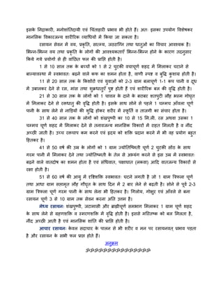 इसक ननिाकायी, भनोशाॊनतदामी एवॊ धचॊताहायी प्रबाव बी होते हैं। अत् इसका उऩमोग ववशेषकय
   े
भानलसक ववकायजधम शायीरयक व्माधधमों भें ककमा जा सकता है ।
       यसामन सेवन भें वम, प्रकृनत, सात्म्म, जठयाजग्न तथा धातओॊ का ववचाय आवश्मक है ।
लबधन-लबधन वम तथा प्रकृनत क रोगों की आवश्मकताएॉ लबधन-लबधन होने क कायण तदनसाय
                          े                                    े
ककमे गमे प्रमोगों से ही वाॊनछत पर की प्रानद्ऱ होती है ।
       1 से 10 सार तक क फच्चों को 1 से 2 चटकी वचाचणद शहद भें लभराकय चटाने से
                       े                          ू
फाल्मावस्था भें स्वबावत् फढ़ने वारे कप का शभन होता है , वाणी स्ऩष्ट व फवि कशाग्र होती है ।
       11 से 20 सार तक क ककशोंयों एवॊ मवाओॊ को 2-3 ग्राभ फराचणद 1-1 कऩ ऩानी व दध
                        े                                    ू                 ू
भें उफारकय दे ने से यस, भाॊस तथा शक्रधातएॉ ऩष्ट होती हैं एवॊ शायीरयक फर की ववि होती है ।
                                                                            ृ
       21 से 30 सार तक क रोगों को 1 चावर क दाने क फयाफय शतऩटी रौह बस्भ गोघत
                        े                 े      े                        ृ
भें लभराकय दे ने से यिधात की ववि होती है । इसक साथ सोने से ऩहरे 1 चम्भच आॉवरा चणद
                              ृ               े                                ू
ऩानी क साथ रेने से नाडड़मों की शवि होकय शयीय भें स्पनतद व ताजगी का सॊचाय होता है ।
      े                                             ू
       31 से 40 सार तक क रोगों को शॊखऩष्ऩी का 10 से 15 लभ.री. यस अथवा उसका 1
                        े
चम्भच चणद शहद भें लभराकय दे ने से तनावजधम भानलसक ववकायों भें याहत लभरती है व नीॊद
       ू
अच्छी जाती है । उच्च यिचाऩ कभ कयने एवॊ रृदम को शडि प्रदान कयने भें बी वह प्रमोग फहत
दहतकय है ।
       41 से 50 वषद की उम्र क रोगों को 1 ग्राभ ज्मोनतजष्भती चणद 2 चटकी सोंठ क साथ
                             े                               ू               े
गयभ ऩानी भें लभराकय दे ने तथा ज्मोनतष्भती क तेर से अभ्मॊग कयने से इस उम्र भें स्वबावत्
                                           े
फढ़ने वारे वातदोष का शभन होता है एवॊ सॊधधवात, ऩऺाघात (रकवा) आदद वातजधम ववकायों से
यऺा होती है ।
       51 से 60 वषद की आम भें दृवष्टशडि स्वबावत् घटने रगती है जो 1 ग्राभ बत्रपरा चणद
                                                                                  ू
तथा आधा ग्राभ सद्ऱाभत रौह गौघत क साथ ददन भें 2 फाय रेने से फढ़ती है । सोने से ऩूवद 2-3
                    ृ        ृ  े
ग्राभ बत्रपरा चणद गयभ ऩानी क साथ रेना बी दहतकय है । धगरोम, गोऺय एवॊ आॉवरे से फना
               ू            े
यसामन चणद 3 से 10 ग्राभ तक सेवन कयना अनत उत्तभ है ।
       ू
       भेध्म यसामन् शॊखऩष्ऩी, जटाभासी औय ब्राह्मीचणद सभबाग लभराकय 1 ग्राभ चणद शहद
                                                  ू                        ू
क साथ रेने से ग्रहणशडि व स्भयणशडि भें ववि होती है । इससे भजस्तष्क को फर लभरता है ,
 े                                     ृ
नीॊद अच्छी आती है एवॊ भानलसक शाॊनत की प्रानद्ऱ होती है ।
       आचाय यसामन् कवर सदाचाय क ऩारन से बी शयीय व भन ऩय यसामनवत ् प्रबाव ऩड़ता
                    े          े
है औय यसामन क सबी पर प्राद्ऱ होते हैं।
             े
                                             अनक्रभ
                                  ॐॐॐॐॐॐॐॐॐॐॐॐॐॐॐ
 