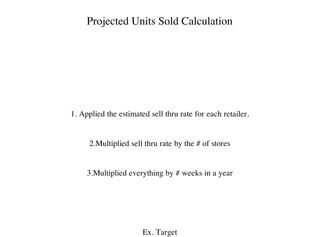 1. Applied the estimated sell thru rate for each retailer.
2.Multiplied sell thru rate by the # of stores
3.Multiplied everything by # weeks in a year
Ex. Target
Projected Units Sold Calculation
 