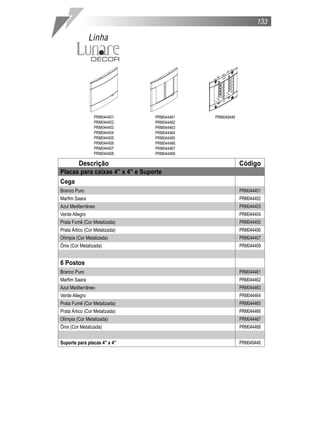 Descrição Código
Placas para caixas 4” x 4” e Suporte
Cega
Branco Puro PRM044401
Marfim Saara PRM044402
Azul Mediterrâneo PRM044403
Verde Allegro PRM044404
Prata Fumê (Cor Metalizada) PRM044405
Prata Ártico (Cor Metalizada) PRM044406
Olímpia (Cor Metalizada) PRM044407
Ônix (Cor Metalizada) PRM044408
6 Postos
Branco Puro PRM044461
Marfim Saara PRM044462
Azul Mediterrâneo PRM044463
Verde Allegro PRM044464
Prata Fumê (Cor Metalizada) PRM044465
Prata Ártico (Cor Metalizada) PRM044466
Olímpia (Cor Metalizada) PRM044467
Ônix (Cor Metalizada) PRM044468
Suporte para placas 4” x 4” PRM049446
PRM044401
PRM044402
PRM044403
PRM044404
PRM044405
PRM044406
PRM044407
PRM044408
PRM044461
PRM044462
PRM044463
PRM044464
PRM044465
PRM044466
PRM044467
PRM044468
PRM049446
133
Linha
 