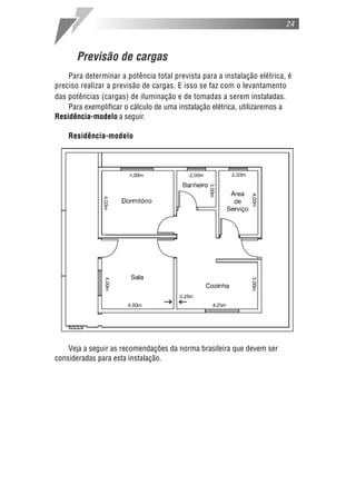 24
Previsão de cargas
Para determinar a potência total prevista para a instalação elétrica, é
preciso realizar a previsão de cargas. E isso se faz com o levantamento
das potências (cargas) de iluminação e de tomadas a serem instaladas.
Para exemplificar o cálculo de uma instalação elétrica, utilizaremos a
Residência-modelo a seguir.
Residência-modelo
Veja a seguir as recomendações da norma brasileira que devem ser
consideradas para esta instalação.
 