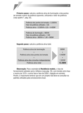 31
Primeiro passo: calcule a potência ativa de iluminação e dos pontos
de tomada a partir da potência aparente, utilizando o fator de potência
(veja quadro 1, pág. 23).
Potência dos pontos de tomada = 5.500VA
Fator de potência utilizado = 0,8
Potência ativa = 5.500VA x 0,8 = 4.400W
Potência de iluminação = 900VA
Fator de potência utilizado = 1,00
Potência ativa = 900VA x 1,00 = 900W
Segundo passo: calcule a potência ativa total.
Observação: Para o exemplo da Residência-modelo, o tipo de
fornecimento adotado será o bifásico (veja pág. 10), com tensão entre fase
e neutro de 127V~ e entre fase e fase de 220V~ (ligação em estrela).
Porém, é importante lembrar que em um projeto real deve-se consultar os
padrões utilizados pela concessionária local.
Potência ativa de iluminação
+
Potência ativa dos pontos de tomada
+
Potência ativa dos circuitos independentes
Potência ativa total
900W
+
4.400W
+
7.900W
13.200W
 