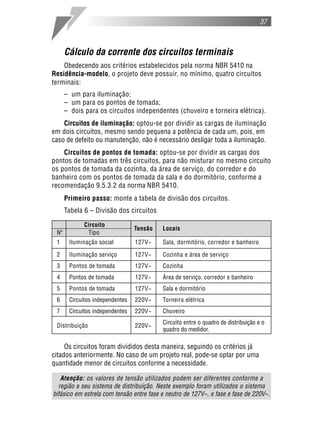 37
Cálculo da corrente dos circuitos terminais
Obedecendo aos critérios estabelecidos pela norma NBR 5410 na
Residência-modelo, o projeto deve possuir, no mínimo, quatro circuitos
terminais:
– um para iluminação;
– um para os pontos de tomada;
– dois para os circuitos independentes (chuveiro e torneira elétrica).
Circuitos de iluminação: optou-se por dividir as cargas de iluminação
em dois circuitos, mesmo sendo pequena a potência de cada um, pois, em
caso de defeito ou manutenção, não é necessário desligar toda a iluminação.
Circuitos de pontos de tomada: optou-se por dividir as cargas dos
pontos de tomadas em três circuitos, para não misturar no mesmo circuito
os pontos de tomada da cozinha, da área de serviço, do corredor e do
banheiro com os pontos de tomada da sala e do dormitório, conforme a
recomendação 9.5.3.2 da norma NBR 5410.
Primeiro passo: monte a tabela de divisão dos circuitos.
Tabela 6 – Divisão dos circuitos
Os circuitos foram divididos desta maneira, seguindo os critérios já
citados anteriormente. No caso de um projeto real, pode-se optar por uma
quantidade menor de circuitos conforme a necessidade.
Atenção: os valores de tensão utilizados podem ser diferentes conforme a
região e seu sistema de distribuição. Neste exemplo foram utilizados o sistema
bifásico em estrela com tensão entre fase e neutro de 127V~, e fase e fase de 220V~.
Circuito
Tensão Locais
Nº Tipo
1 Iluminação social 127V~ Sala, dormitório, corredor e banheiro
2 Iluminação serviço 127V~ Cozinha e área de serviço
3 Pontos de tomada 127V~ Cozinha
4 Pontos de tomada 127V~ Área de serviço, corredor e banheiro
5 Pontos de tomada 127V~ Sala e dormitório
6 Circuitos independentes 220V~ Torneira elétrica
7 Circuitos independentes 220V~ Chuveiro
Distribuição 220V~
Circuito entre o quadro de distribuição e o
quadro do medidor.
 