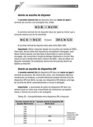 58
Acerte na escolha do disjuntor
A corrente nominal (In) do disjuntor deve ser maior ou igual à
corrente do circuito a ser protegido (Ib). Então:
In > Ib In > 29A
A corrente nominal (In) do disjuntor deve ser igual ou menor que a
corrente máxima (Iz) do fio escolhido
In < Iz In < 32 Portanto: 29A < In < 32
A corrente nominal do disjuntor deve estar entre 29A e 32A
Importante: Utilize o disjuntor bipolar em circuitos com tensão de 220V~
(fase-fase). Nunca utilize dois disjuntores monopolares interligados, pois
dessa maneira apenas uma das fases é desarmada e a outra continua
carregada, não cumprindo a função de desligar totalmente o circuito. Nos
casos em que a tensão entre fase e neutro é de 220V~, deve-se utilizar um
disjuntor monopolar. Os condutores neutro e/ou terra jamais devem ser
ligados ao disjuntor.
Acerte na escolha do dispositivo DR
A corrente nominal (In) do dispositivo DR deve ser maior ou igual à
corrente do disjuntor. Na maioria das vezes, nas instalações elétricas
residenciais ou similares, a corrente diferencial residual nominal (I n) do
dispositivo DR é de 30mA, ou seja, se o dispositivo DR detectar uma fuga
de corrente de 30mA, automaticamente o circuito é desligado.
Importante: a quantidade de pólos do dispositivo DR deve ser
sempre igual ou maior que a quantidade de condutores carregados
(fases e neutro) do circuito a ser protegido.
Tabela 22 – Compatibilidade entre dispositivo DR e disjuntor
Corrente nominal (In) do Corrente nominal do dispositivo DR
disjuntor Merlin Gerin Merlin Gerin
10A 25A
16A
20A
25A
32A 40A
40A
50A 63A
63A
Disjuntor e
dispositivo DR
ideais para
o exemplo
 