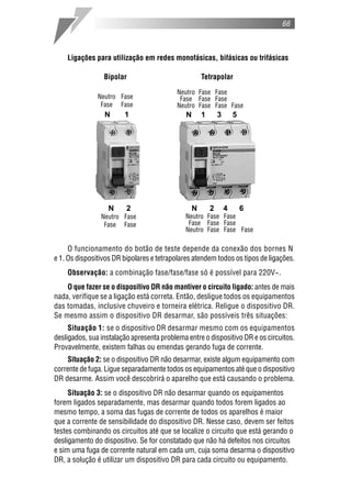 66
Ligações para utilização em redes monofásicas, bifásicas ou trifásicas
Bipolar Tetrapolar
O funcionamento do botão de teste depende da conexão dos bornes N
e 1. Os dispositivos DR bipolares e tetrapolares atendem todos os tipos de ligações.
Observação: a combinação fase/fase/fase só é possível para 220V~.
O que fazer se o dispositivo DR não mantiver o circuito ligado: antes de mais
nada, verifique se a ligação está correta. Então, desligue todos os equipamentos
das tomadas, inclusive chuveiro e torneira elétrica. Religue o dispositivo DR.
Se mesmo assim o dispositivo DR desarmar, são possíveis três situações:
Situação 1: se o dispositivo DR desarmar mesmo com os equipamentos
desligados, sua instalação apresenta problema entre o dispositivo DR e os circuitos.
Provavelmente, existem falhas ou emendas gerando fuga de corrente.
Situação 2: se o dispositivo DR não desarmar, existe algum equipamento com
corrente de fuga. Ligue separadamente todos os equipamentos até que o dispositivo
DR desarme. Assim você descobrirá o aparelho que está causando o problema.
Situação 3: se o dispositivo DR não desarmar quando os equipamentos
forem ligados separadamente, mas desarmar quando todos forem ligados ao
mesmo tempo, a soma das fugas de corrente de todos os aparelhos é maior
que a corrente de sensibilidade do dispositivo DR. Nesse caso, devem ser feitos
testes combinando os circuitos até que se localize o circuito que está gerando o
desligamento do dispositivo. Se for constatado que não há defeitos nos circuitos
e sim uma fuga de corrente natural em cada um, cuja soma desarma o dispositivo
DR, a solução é utilizar um dispositivo DR para cada circuito ou equipamento.
N 2
Neutro Fase
Fase Fase
Neutro Fase
Fase Fase
N 1 N 1 3 5
N 2 4 6
Neutro Fase Fase
Fase Fase Fase
Neutro Fase Fase Fase
Neutro Fase Fase
Fase Fase Fase
Neutro Fase Fase Fase
 
