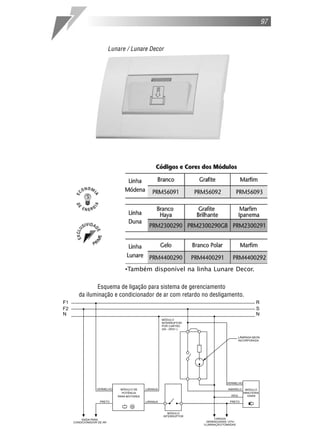 97
Esquema de ligação para sistema de gerenciamento
da iluminação e condicionador de ar com retardo no desligamento.
Lunare / Lunare Decor
•Também disponível na linha Lunare Decor.
 