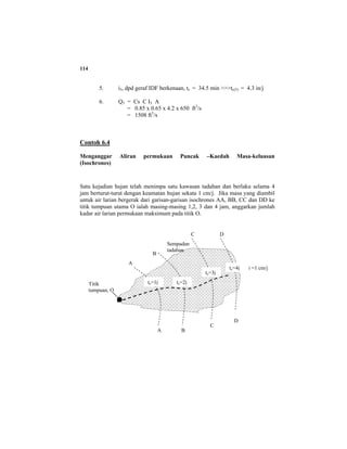 114
5. i5, dpd geraf IDF berkenaan, tc = 34.5 min >>>tc(5) = 4.3 in/j
6. Q5 = Cs C I5 A
= 0.85 x 0.65 x 4.2 x 650 ft3
/s
= 1508 ft3
/s
Contoh 6.4
Menganggar Aliran permukaan Puncak –Kaedah Masa-keluasan
(Isochrones)
Satu kejadian hujan telah menimpa satu kawasan tadahan dan berlaku selama 4
jam berturut-turut dengan keamatan hujan sekata 1 cm/j. Jika masa yang diambil
untuk air larian bergerak dari garisan-garisan isochrones AA, BB, CC dan DD ke
titik tumpuan utama O ialah masing-masing 1,2, 3 dan 4 jam, anggarkan jumlah
kadar air larian permukaan maksimum pada titik O.
Titik
tumpuan, O
Sempadan
tadahan
A
A
B
D
D
C
B
C
tc=4j
tc=3j
tc=2jtc=1j
i =1 cm/j
 