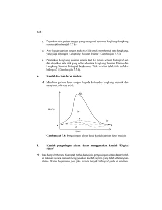 124
c. Dapatkan satu garisan tangen yang mengenai kesemua lengkung-lengkung
susutan (Gambarajah 7.7 b)
d. Anti-logkan garisan tangen pada 6.5(iii) untuk membentuk satu lengkung,
yang juga dipanggil ‘Lengkung Susutan Utama’ (Gambarajah 7.7 c)
e. Pindahkan Lengkung susutan utama tadi ke dalam sebuah hidrograf asli
dan dapatkan satu titik yang selari diantara Lengkung Susutan Utama dan
Lengkung Susutan hidrograf berkenaan. Titik tersebut ialah titik infleksi
hidrograf. ((Gambarajah 7.7 d).
e. Kaedah Garisan lurus mudah
Membina garisan lurus tangen kepada kedua-dua lengkung menaik dan
menyusut, a-b atau a-c-b.
Gambarajah 7.8: Pengasingan aliran dasar kaedah garisan lurus mudah
f. Kaedah pengasingan aliran dasar menggunakan kaedah ‘Digital
Filter”
Jika hanya beberapa hidrograf perlu dianalisis, pengasingan aliran dasar boleh
di lakukan secara manual menggunakan kaedah seperti yang telah diterangkan
diatas. Walau bagaimana pun, jika terlalu banyak hidrograf perlu di analisis,
t(jam)
Q(m3
/s)
Qp
N
Qe
Qb
a b
c
 