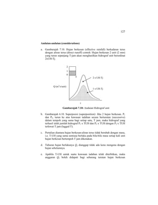 127
Andaian-andaian (considerations)
a. Gambarajah 7.10. Hujan berkesan (effective rainfall) berkadaran terus
dengan aliran terus (direct runoff) contoh: Hujan berkesan 2 unit (2 mm)
yang turun sepanjang T-jam akan menghasilkan hidrograf unit berordinat
2xUH-Tj.
Gambarajah 7.10: Andaian Hidrograf unit
b. Gambarajah 6.10. Superposisi (superposition): Jika 2 hujan berkesan. P1
dan P2, turun ke atas kawasan tadahan secara berturutan (successive)
dalam tempoh yang sama bagi setiap satu, T jam, maka hidrograf yang
terhasil ialah jumlah hidrograf P1 x TUH dan P2 x TUH dengan P2 x TUH
terlewat T jam (lagged T).
c. Pertalian diantara hujan berkesan-aliran terus tidak berubah dengan masa,
i.e. T-UH yang sama sentiasa berlaku pada bila-bila masa setiap kali unit
hujan berkesan bertempoh T jam dikenakan.
d. Taburan hujan berlakunya Qe dianggap tidak ada kena mengena dengan
hujan sebelumnya.
e. Apabila T-UH untuk suatu kawasan tadahan telah diterbitkan, maka
anggaran Qe boleh didapati bagi sebarang turutan hujan berkesan
Q (m3
/s/unit)
t
1 x UH-Tj
1
0
2
T 2 x UH-Tj
 