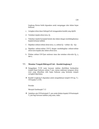 129
lengkung Horton boleh digunakan untuk menganggar ukur dalam hujan
berkesan.
c. Asingkan aliran dasar hidrograf asli menggunakan kaedah yang dipilih
d. Tentukan isipadu aliran terus, Qe
e. Tukarkan isipadu Qe kepada bentuk ukur dalam dengan membahagikannya
kepada keluasan tadahan
f. Dapatkan ordinat-ordinat aliran terus, i.e, ordinat Qe = ordinat (Qt – Qb)
g. Dapatkan ordinat-ordinat UH-Tj dengan membahagikan ordinat-ordinat
aliran terus kepada ukur dalam aliran terus.
h. Plotkan ordinat UH-Tjam melawan masa dan tentukan nilai-nilai Qp, tp
dan tb.
7.7. Menukar Tempoh Hidrograf Unit – Kaedah lengkung S
Sungguhpun T-UH suatu kawasan tadahan diterbitkan berdasarkan
tempoh hujan berkesan selama T jam, namun maklumat mengenai aliran
terus yang dihasilkan oleh hujan berkesan yang berlainan tempoh
seringkali diperlukan.
Kaedah Lengkung S digunakan untuk mengubahsuai tempoh UH (eg. T1-
UH kepada T2-UH).
Prosidur
Merujuk Gambarajah 7.12
Andaikan satu UH bertempoh T1 jam untuk ditukar kepada UH bertempoh
T2 jam bagi kawasan tadahan yang sama, maka:
 