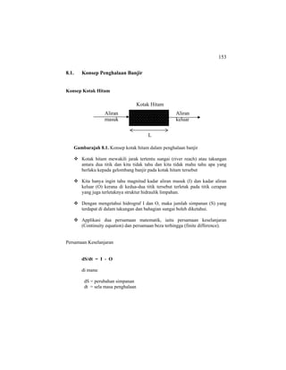 153
8.1. Konsep Penghalaan Banjir
Konsep Kotak Hitam
Gambarajah 8.1. Konsep kotak hitam dalam penghalaan banjir
Kotak hitam mewakili jarak tertentu sungai (river reach) atau takungan
antara dua titik dan kita tidak tahu dan kita tidak mahu tahu apa yang
berlaku kepada gelombang banjir pada kotak hitam tersebut
Kita hanya ingin tahu magnitud kadar aliran masuk (I) dan kadar aliran
keluar (O) kerana di kedua-dua titik tersebut terletak pada titik cerapan
yang juga terletaknya struktur hidraulik limpahan.
Dengan mengetahui hidrograf I dan O, maka jumlah simpanan (S) yang
terdapat di dalam takungan dan bahagian sungai boleh diketahui.
Applikasi dua persamaan matematik, iaitu persamaan keselanjaran
(Continuity equation) dan persamaan beza terhingga (finite difference).
Persamaan Keselanjaran
dS/dt = I - O
di mana:
dS = perubahan simpanan
dt = sela masa penghalaan
Aliran
masuk
Aliran
keluar
L
Kotak Hitam
 