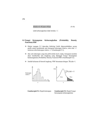 178
)()(1)( xFxPxP rr =−= (9.10)
ialah kebarangkalian tidak berlaku `x’.
9.5 Fungsi Ketumpatan Kebarangkalian (Probability Density
Function)-PDF
Dalam ruangan 9.3 data-data hidrologi boleh dipersembahkan secara
grafik untuk membentuk satu histogram kekerapan relative, iaitu nilai `x’
melawan nilai kekerapan relative `x’ (Gambarajah 9.1).
Jika sela kekerapan yang kita pilih terlalu kecil, maka, histogram tersebut
akan membentuk satu lengkung yang dipanggil Fungsi Ketumpatan
Kebarangkalian (Probability Density Function-PDF) (Gambarajah 9.2).
Jumlah keluasan di bawah lengkung PDF bersamaan dengan ∫P(x)dx=1.
∫ = 1)( dxxP
Gambarajah 9.1: Rajah kekerapan Gambarajah 9.2: Rajah Fungsi
Ketumpatan kebarangkalian
Kekerapan
relatif, f
x x
P(Q)
F(x) P(x)
 