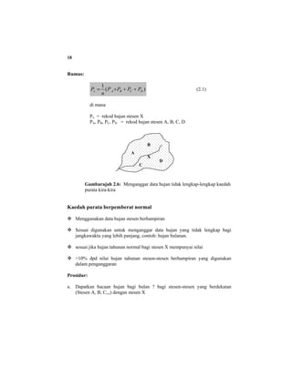 18
Rumus:
)(
1
DCBAx PPPP
n
P +++= (2.1)
di mana
Px = rekod hujan stesen X
PA, PB, PC, PD = rekod hujan stesen A, B, C, D
Gambarajah 2.6: Menganggar data hujan tidak lengkap-lengkap kaedah
purata kira-kira
Kaedah purata berpemberat normal
Menggunakan data hujan stesen berhampiran
Sesuai digunakan untuk menganggar data hujan yang tidak lengkap bagi
jangkawaktu yang lebih panjang, contoh: hujan bulanan.
sesuai jika hujan tahunan normal bagi stesen X mempunyai nilai
>10% dpd nilai hujan tahunan stesen-stesen berhampiran yang digunakan
dalam penganggaran
Prosidur:
a. Dapatkan bacaan hujan bagi bulan ? bagi stesen-stesen yang berdekatan
(Stesen A, B, C,,,) dengan stesen X
A
B
D
C
X
 