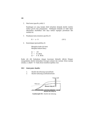 188
2. Hasil tentu (specific yield), S
Kandungan air yang mampu dialir keluarkan daripada akuifer melalui
tarikan graviti atau pengepaman. Sebahagian daripada air tidak dapat
dikeluarkan disebabkan oleh daya tarikan tegangan permukaan dan
molekul air.
3. Penahanan tentu (retention specific), R
R = n – S (10.1)
4. Ketertelapan (permeability), K
Mengukur kadar alir bumi
Mengikut hukum Darcy
Q = AV
V = K dh/dx
Q = A K dh/dx
Kadar alir (Q) berkadaran dengan kecerunan hidraulik (dh/dx) Dengan
mengandaikan akuifer berkeadaan homogen (sekata) dan isotropi Aliran mantap
(steady), i.e dQ/dt = 0. Tiada aliran rerambut (capillary rise)
10.2 Jenis-jenis Akuifer
1. Akuifer tak terkurung (unconfined)
2. Akuifer terkurung (confined)/artisian
Paras air
Telaga tiub
Batuan telap air
Batuan tak telap air
Gambarajah 10.1: Akuifer tak terkurung
 