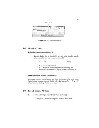 189
10.3 Sifat-sifat Akuifer
Kebolehterusan (transmibility), T
- kapasiti kadar alir air bumi (Q) per unit lebar akuifer apabila
dikenakan oleh satu unit kecerunan hidraulik
T = K b (10.2)
K = ketertelapan (m/s)
b = ketebalan akuifer bagi akuifer terkurung, dan
ketebalan lapisan tepu air bagi akuifer tak terkurung (m)
Pekali simpanan (Storage coeficient), Sc
keupayaan akuifer mengeluarkan air, iaitu bersamaan nilai hasil tentu
bahan batuan yang membentuk akuifer tak terkurung dan Sc = 3 x 10-6
x ketebalan akuifer bagi akuifer terkurung
10.4 Kaedah Siasatan Air Bumi
1. Survei kerintangan elektrik (electrical resisticity)
- mengukur kandungan komposisi air pada strata tanah
Batuan telap air
Batuan tak telap air
Batuan tak telap air
Telaga tiub
Gambarajah 10.2: Akuifer terkurung
 