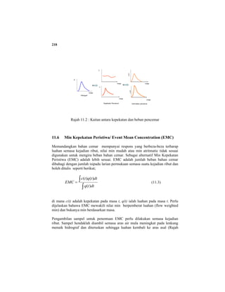 218
masa
Q
Hidrograf
masa
C
Kepekatan Pencemar
masa
C
Graf beban pencemar
masa
L=Q*C
masa
L=Q*C
Rajah 11.2 : Kaitan antara kepekatan dan beban pencemar
11.6 Min Kepekatan Peristiwa/ Event Mean Concentration (EMC)
Memandangkan bahan cemar mempunyai respons yang berbeza-beza terharap
luahan semasa kejadian ribut, nilai min mudah atau min atritmatic tidak sesuai
digunakan untuk mengira beban bahan cemar. Sebagai alternatif Min Kepekatan
Peristiwa (EMC) adalah lebih sesuai. EMC adalah jumlah beban bahan cemar
dibahagi dengan jumlah isipadu larian permukaan semasa suatu kejadian ribut dan
boleh ditulis seperti berikut;
∫
∫=
dttq
dttqtc
EMC
)(
)()(
(11.3)
di mana c(t) adalah kepekatan pada masa t, q(t) ialah luahan pada masa t. Perlu
dijelaskan bahawa EMC mewakili nilai min berpemberat luahan (flow weighted
min) dan bukanya min berdasarkan masa.
Pengambilan sampel untuk penentuan EMC perlu dilakukan semasa kejadian
ribut. Sampel hendaklah diambil semasa aras air mula meningkat pada lenkung
menaik hidrograf dan diteruskan sehingga luahan kembali ke aras asal (Rajah
 
