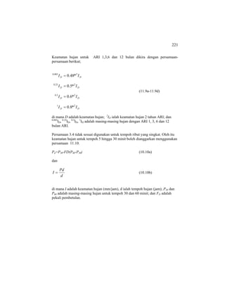 221
Keamatan hujan untuk ARI 1,3,6 dan 12 bulan dikira dengan persamaan-
persamaan berikut;
DD
DD
DD
DD
II
II
II
II
21
25.0
225.0
2083.0
*8.0
*6.0
*5.0
*48.0
=
=
=
=
(11.9a-11.9d)
di mana D adalah keamatan hujan; 2
ID ialah keamatan hujan 2 tahun ARI; dan
0.083
ID, 0.25
ID, 0.5
ID, 1
ID adalah masing-masing hujan dengan ARI 1, 3, 6 dan 12
bulan ARI.
Persamaan 3.4 tidak sesuai digunakan untuk tempoh ribut yang singkat. Oleh itu
keamatan hujan untuk tempoh 5 hingga 30 minit boleh dianggarkan menggunakan
persamaan 11.10.
Pd=P30-FD(P60-P30) (10.10a)
dan
d
Pd
I = (10.10b)
di mana I adalah keamatan hujan (mm/jam), d ialah tempoh hujan (jam); P30 dan
P60 adalah masing-masing hujan untuk tempoh 30 dan 60 minit; dan FD adalah
pekali pembetulan.
 