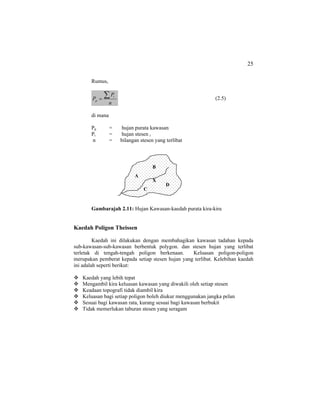 25
Rumus,
n
P
P i
p
∑= (2.5)
di mana
Pp = hujan purata kawasan
Pi = hujan stesen i
n = bilangan stesen yang terlibat
Gambarajah 2.11: Hujan Kawasan-kaedah purata kira-kira
Kaedah Poligon Theissen
Kaedah ini dilakukan dengan membahagikan kawasan tadahan kepada
sub-kawasan-sub-kawasan berbentuk polygon. dan stesen hujan yang terlibat
terletak di tengah-tengah poligon berkenaan. Keluasan poligon-poligon
merupakan pemberat kepada setiap stesen hujan yang terlibat. Kelebihan kaedah
ini adalah seperti berikut:
Kaedah yang lebih tepat
Mengambil kira keluasan kawasan yang diwakili oleh setiap stesen
Keadaan topografi tidak diambil kira
Keluasan bagi setiap poligon boleh diukur menggunakan jangka pelan
Sesuai bagi kawasan rata, kurang sesuai bagi kawasan berbukit
Tidak memerlukan taburan stesen yang seragam
A
B
D
C
X
 