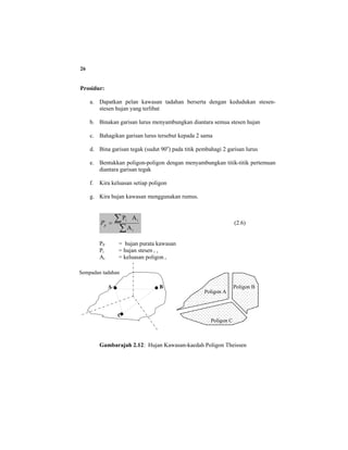 26
Prosidur:
a. Dapatkan pelan kawasan tadahan berserta dengan kedudukan stesen-
stesen hujan yang terlibat
b. Binakan garisan lurus menyambungkan diantara semua stesen hujan
c. Bahagikan garisan lurus tersebut kepada 2 sama
d. Bina garisan tegak (sudut 90o
) pada titik pembahagi 2 garisan lurus
e. Bentukkan poligon-poligon dengan menyambungkan titik-titik pertemuan
diantara garisan tegak
f. Kira keluasan setiap poligon
g. Kira hujan kawasan menggunakan rumus.
∑
∑=
i
ii
A
AP
pP (2.6)
PP = hujan purata kawasan
Pi = hujan stesen i ,
Ai = keluasan poligon i
Gambarajah 2.12: Hujan Kawasan-kaedah Poligon Theissen
A B
C
Sempadan tadahan
Poligon A
Poligon B
Poligon C
 
