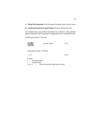 29
c) Hitograf (hyetograph): Geraf histogram keamatan hujan melawan masa.
d) Lengkung Keamatan-Tempoh Hujan (Intensity-Duration-Curve)
Jika terdapat hujan yang berbeza keamatan dan tempohnya, maka pertalian
diantara keduanya boleh dianggarkan menggunakan rumus empirikal berikut:
Untuk hujan tempoh 5-120 minit
bt
a
+
=i formula Talbot (2.8)
untuk hujan tempoh >120 minit
x
kti = (2.9)
di mana
i = keamatan hujan
t = tempoh hujan
a, b, k, x = nilai-nilai pemalar bagi suatu kawasan
 