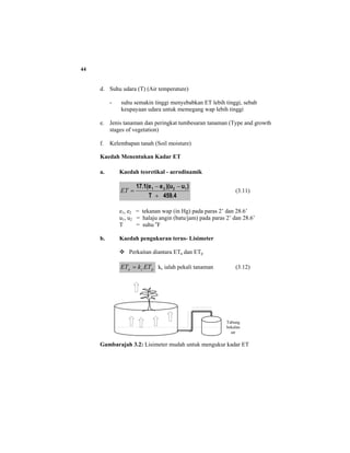 44
d. Suhu udara (T) (Air temperature)
- suhu semakin tinggi menyebabkan ET lebih tinggi, sebab
keupayaan udara untuk memegang wap lebih tinggi
e. Jenis tanaman dan peringkat tumbesaran tanaman (Type and growth
stages of vegetation)
f. Kelembapan tanah (Soil moisture)
Kaedah Menentukan Kadar ET
a. Kaedah teoretikal - aerodinamik
459.4T
)u)(ue17.1(e 1221
+
−−
=ET (3.11)
e1, e2 = tekanan wap (in Hg) pada paras 2’ dan 28.6’
u1, u2 = halaju angin (batu/jam) pada paras 2’ dan 28.6’
T = suhu o
F
b. Kaedah pengukuran terus- Lisimeter
Perkaitan diantara ETa dan ETp
pca ETkET = kc ialah pekali tanaman (3.12)
Gambarajah 3.2: Lisimeter mudah untuk mengukur kadar ET
Tabung
bekalan
air
 