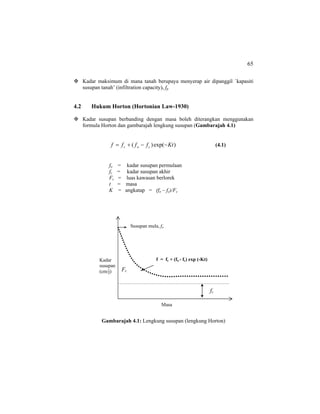 65
Kadar maksimum di mana tanah berupaya menyerap air dipanggil `kapasiti
susupan tanah’ (infiltration capacity), fp
4.2 Hukum Horton (Hortonian Law-1930)
Kadar susupan berbanding dengan masa boleh diterangkan menggunakan
formula Horton dan gambarajah lengkung susupan (Gambarajah 4.1)
)exp()( Ktffff coc −−+= (4.1)
fo = kadar susupan permulaan
fc = kadar susupan akhir
Fc = luas kawasan berlorek
t = masa
K = angkatap = (fo – fc)/Fc
Gambarajah 4.1: Lengkung susupan (lengkung Horton)
Masa
Kadar
susupan
(cm/j)
Susupan mula, fo
Fc
fc
f = fc + (fo - fc) exp (-Kt)
 