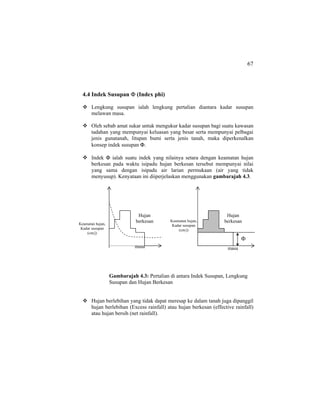 67
4.4 Indek Susupan Φ (Index phi)
Lengkung susupan ialah lengkung pertalian diantara kadar susupan
melawan masa.
Oleh sebab amat sukar untuk mengukur kadar susupan bagi suatu kawasan
tadahan yang mempunyai keluasan yang besar serta mempunyai pelbagai
jenis gunatanah, litupan bumi serta jenis tanah, maka diperkenalkan
konsep indek susupan Φ.
Indek Φ ialah suatu indek yang nilainya setara dengan keamatan hujan
berkesan pada waktu isipadu hujan berkesan tersebut mempunyai nilai
yang sama dengan isipadu air larian permukaan (air yang tidak
menyusup). Kenyataan ini diiperjelaskan menggunakan gambarajah 4.3.
Gambarajah 4.3: Pertalian di antara Indek Susupan, Lengkung
Susupan dan Hujan Berkesan
Hujan berlebihan yang tidak dapat meresap ke dalam tanah juga dipanggil
hujan berlebihan (Excess rainfall) atau hujan berkesan (effective rainfall)
atau hujan bersih (net rainfall).
Keamatan hujan,
Kadar susupan
(cm/j)
masa
Keamatan hujan,
Kadar susupan
(cm/j)
Hujan
berkesan
masa
Hujan
berkesan
Φ
 