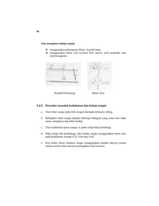 80
Alat mengukur halaju sungai
menggunakan pelampong (float) –kaedah lama.
menggunakan meter arus (current flow meter): jenis propeller atau
electromagnetic.
Kaedah Pelampong Meter Arus
5.4.5. Prosedur menolok kedalaman dan halaju sungai
a. Ukur lebar sungai pada titik cerapan daripada tebing ke tebing.
b. Bahagikan lebar sungai kepada beberapa bahagian yang sama atau tidak
sama, mengikut yang lebih mudah.
c. Ukur kedalaman paras sungai, d, pada setiap titik pembahagi.
d. Pada setiap titik pembahagi, ukur halaju sungai menggunakan meter arus
pada kedalaman samada 0.2d, 0.6d atau 0.8d.
e. Kira kadar aliran (luahan) sungai menggunakan kaedah seksyen purata
(mean section) atau seksyen pertengahan (mid section).
 