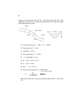 96
cerapan titik cerapan pula ialah 100 mm. Jika lebar sungai ialah 500 m dan
kedalaman purata ialah 4m, tentukan koordinat-koordinat Q yang harus diplot
pada lengkung kadaran sungai.
Luas keratan rentas Sg = 500m * 4m = 2000 m2
Halaju purata air, V = Qm/A
3160/2000 = 1.58 m/s
halaju gelombang, U = 1.3 Qm/A
= 1.3 (3160/2000) = 0.12 m
dh = 50.52 – 50.40 = 0.12 m
dt = 2 jam = 7200 s
dh/dt = 1.67 x 10-5
m/s
Kecerunan permukaan air, So = 100mm/700m
= +ve 1.43 x 10-4
m/m
Q =
S(dh/dt)/U1
Qm
+
= 3080 m3
/s
Maka bacaan kadar aliran sungai perlu direkod sebagai 3080 m3
/s bukan 3160
m3
/s
Titik A
Titik B
Q
Titik Cerapan
4 m
500 m
400 m
300 m
 