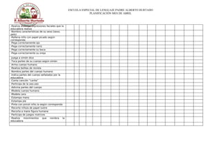 ESCUELA ESPECIAL DE LENGUAJE PADRE ALBERTO HURTADO
PLANIFICACIÓN MES DE ABRIL
-Realiza distintas expresiones faciales que la
educadora realiza
-Nombra características de su sexo (sexo,
pelo)
-Rellena niño con papel picado según
corresponda
-Pega correctamente ojo
-Pega correctamente nariz
-Pega correctamente su boca
-Pega correctamente su oreja
-Juega a simón dice
-Toca partes de su cuerpo según simón
-Arma cuerpo humano
-Realiza bolitas de revista
-Nombra partes del cuerpo humano
-Indica partes del cuerpo señalados por la
educadora
-Canta canción “carita”
-Participa de la veo-veo
-Adivina partes del cuerpo
-Modela cuerpo humano
-Modela cara
-Estampa mano
-Estampa pie
-Pinta con pincel niño /a según corresponda
-Recorte niño/a de papel lustre
-Recorta a mano figura humana
-Participa de juegos motrices
-Realiza movimientos que nombra la
educadora
 