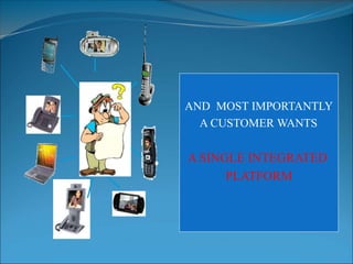 BILLS
AND MOST IMPORTANTLY
A CUSTOMER WANTS
A SINGLE INTEGRATED
PLATFORM
 