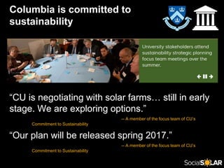Columbia is committed to
sustainability
“CU is negotiating with solar farms… still in early
stage. We are exploring options.”
-- A member of the focus team of CU’s
Commitment to Sustainability
“Our plan will be released spring 2017.”
-- A member of the focus team of CU’s
Commitment to Sustainability
 