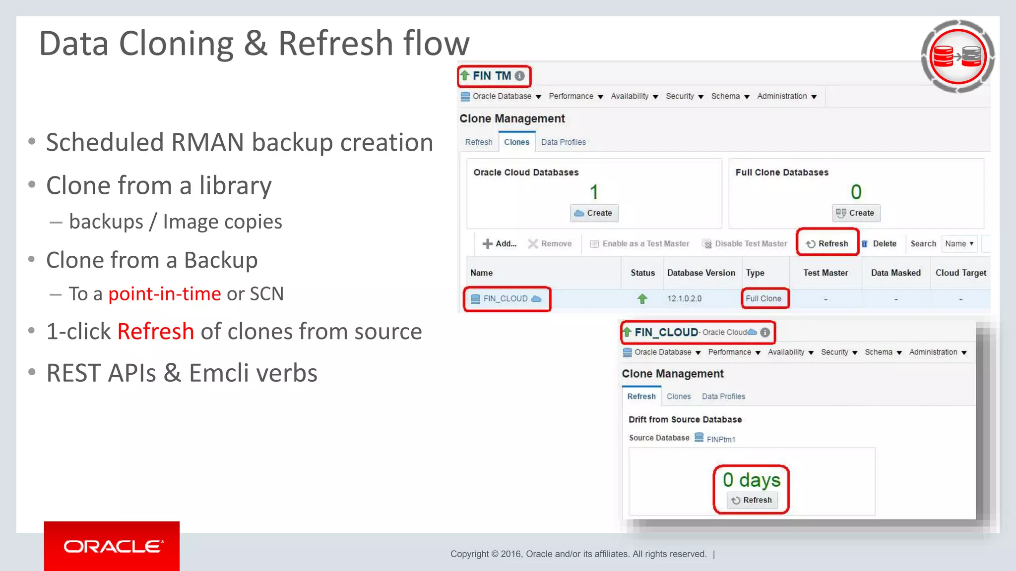 Copyright © 2016, Oracle and/or its affiliates. All rights reserved. |
Data Cloning & Refresh flow
• Scheduled RMAN backup creation
• Clone from a library
– backups / Image copies
• Clone from a Backup
– To a point-in-time or SCN
• 1-click Refresh of clones from source
• REST APIs & Emcli verbs
 