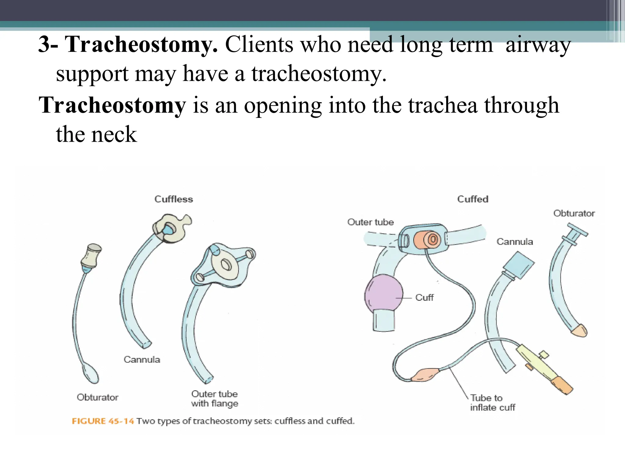 3- Tracheostomy. Clients who need long term airway
support may have a tracheostomy.
Tracheostomy is an opening into the trachea through
the neck
 